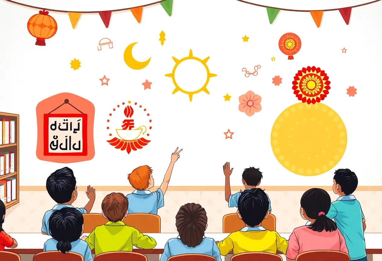 Illustration of cultural symbols for Eid, Diwali, Lunar New Year, and Onam.