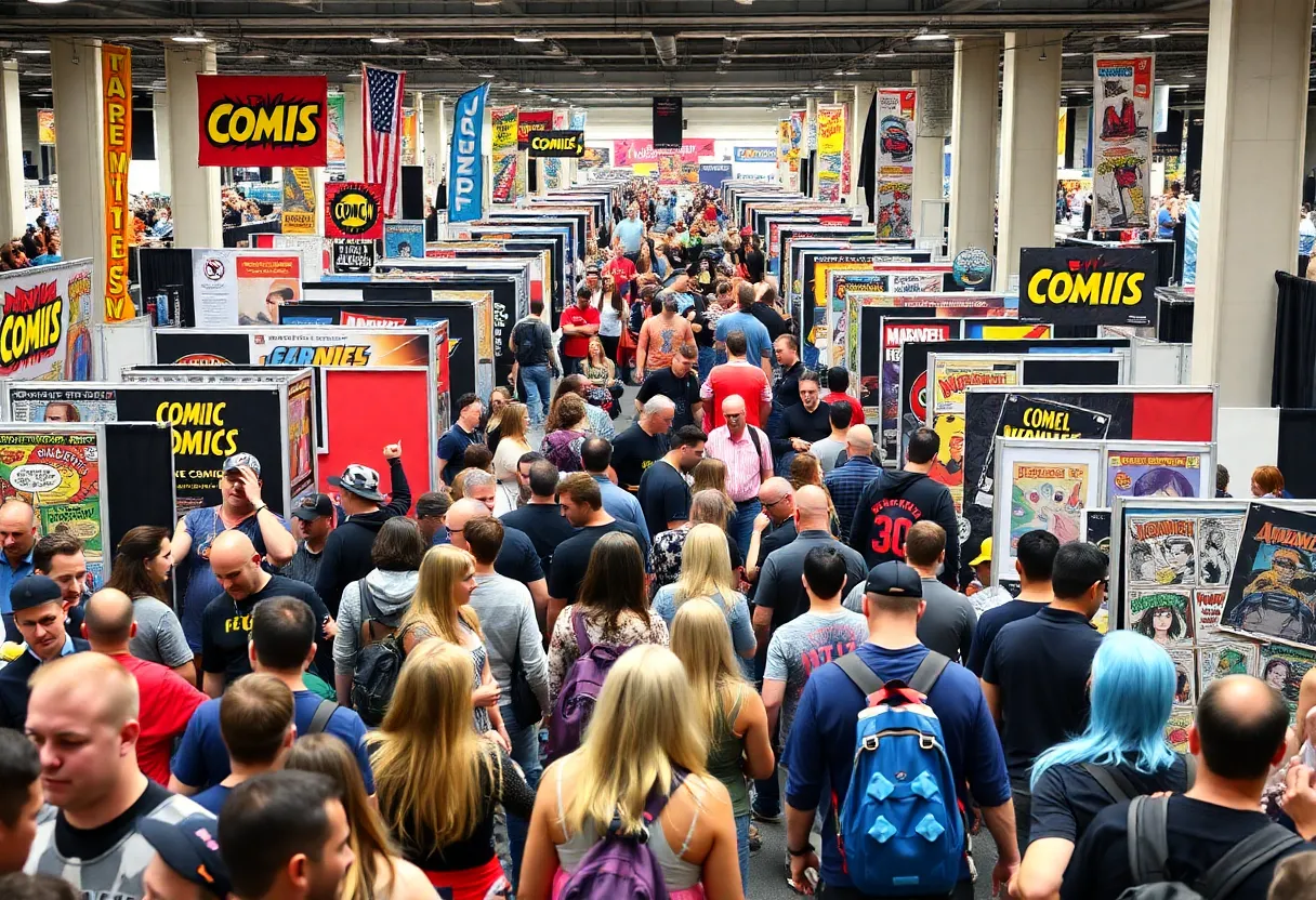 An animated scene at a comic convention showcasing DC Comics booths and fans in cosplay.