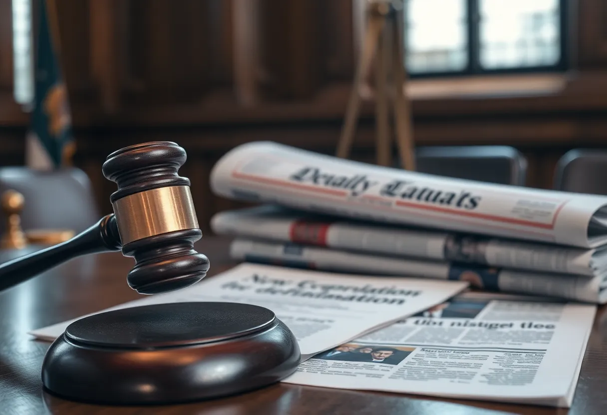 Abstract image representing a defamation lawsuit with legal elements.