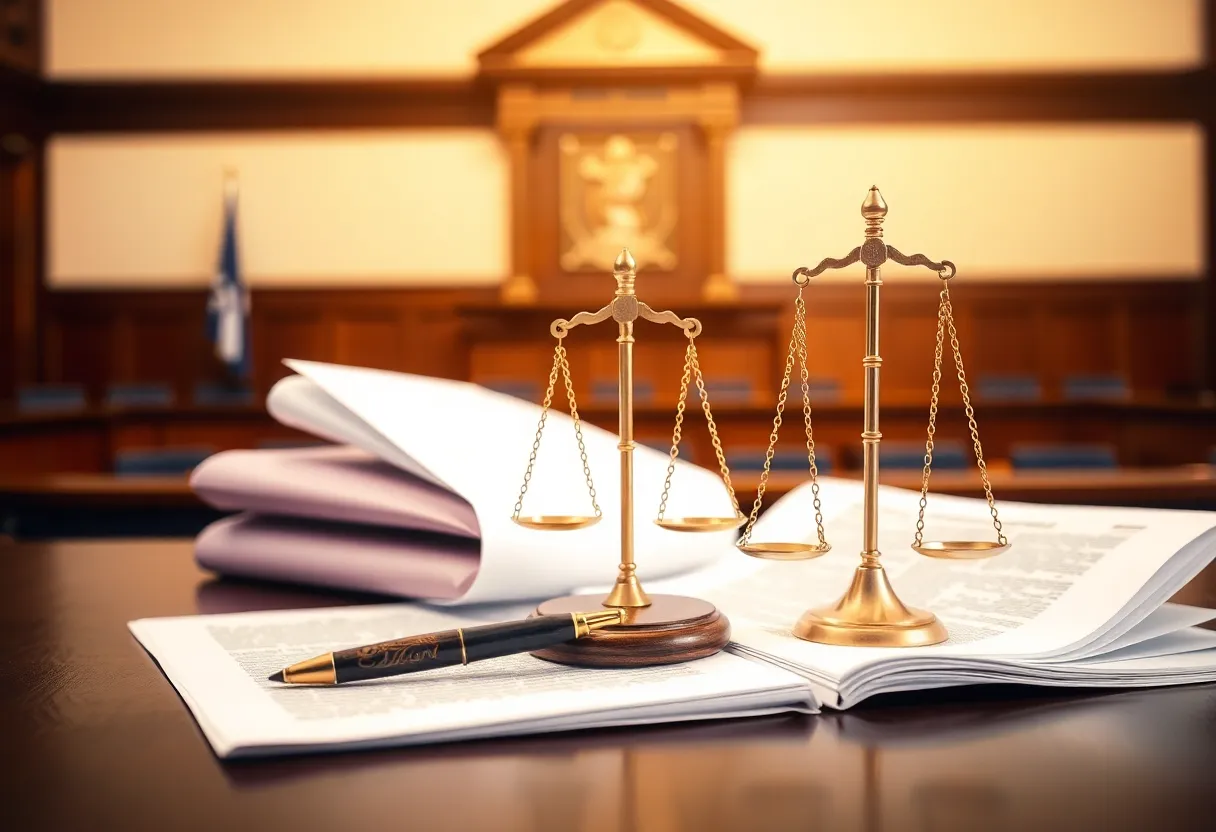 Courtroom setting depicting a defamation lawsuit