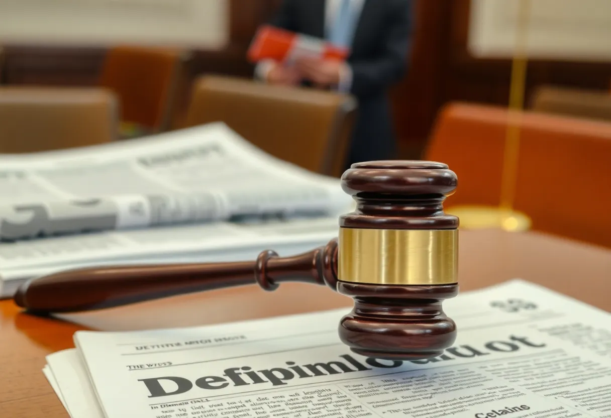 A courtroom with legal elements representing a defamation lawsuit.
