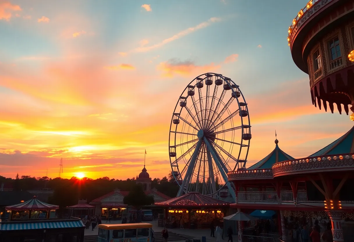Deno's Wonder Wheel illuminated at dusk in Brooklyn