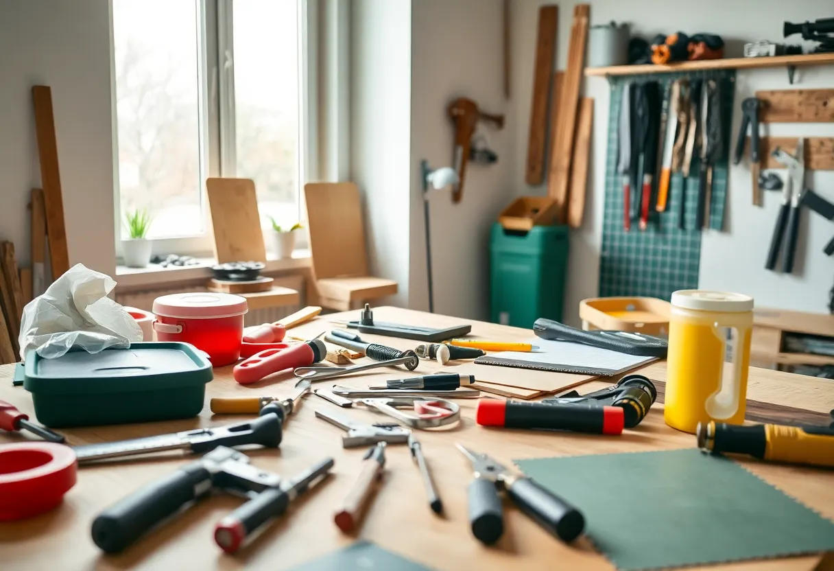 A DIY home repair workspace with tools and materials.