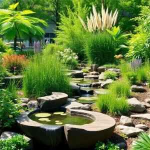 A diverse eco-friendly garden with native plants and wildlife in New York City.