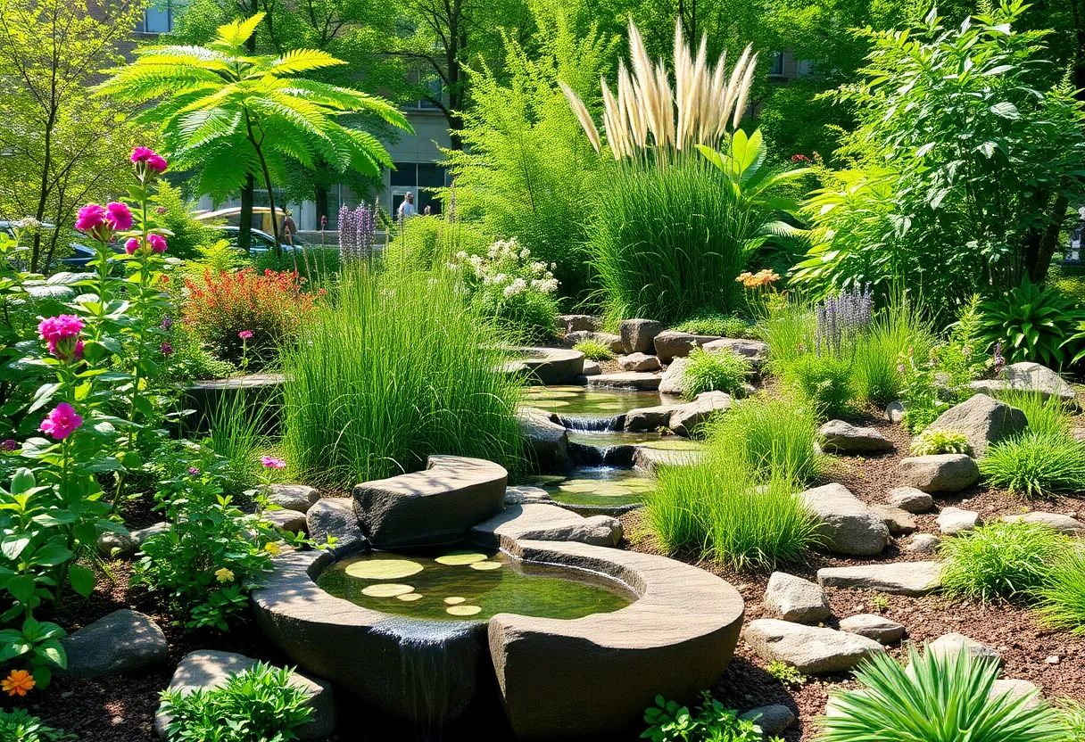A diverse eco-friendly garden with native plants and wildlife in New York City.