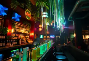 A vibrant nightlife venue in New York City promoting eco-friendly practices with minimal plastic usage