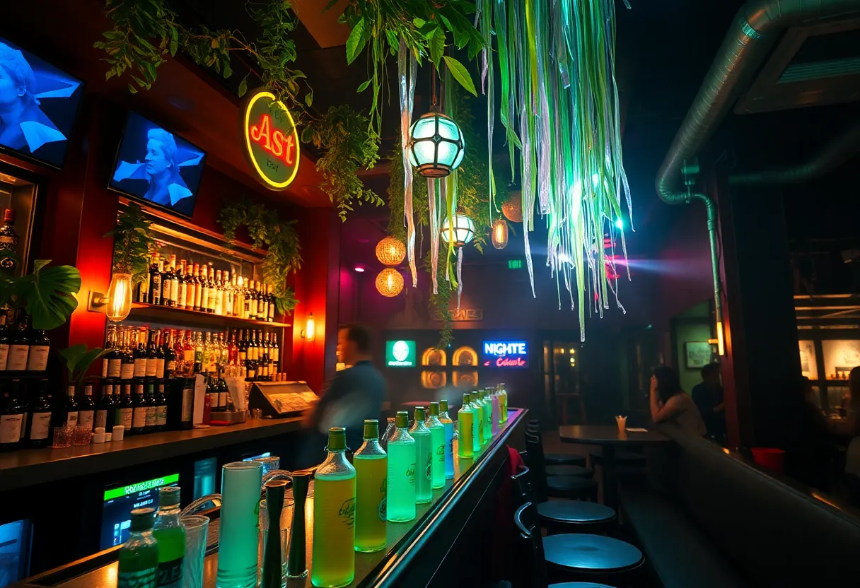 A vibrant nightlife venue in New York City promoting eco-friendly practices with minimal plastic usage