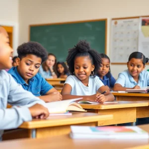Students in a diverse classroom focused on learning
