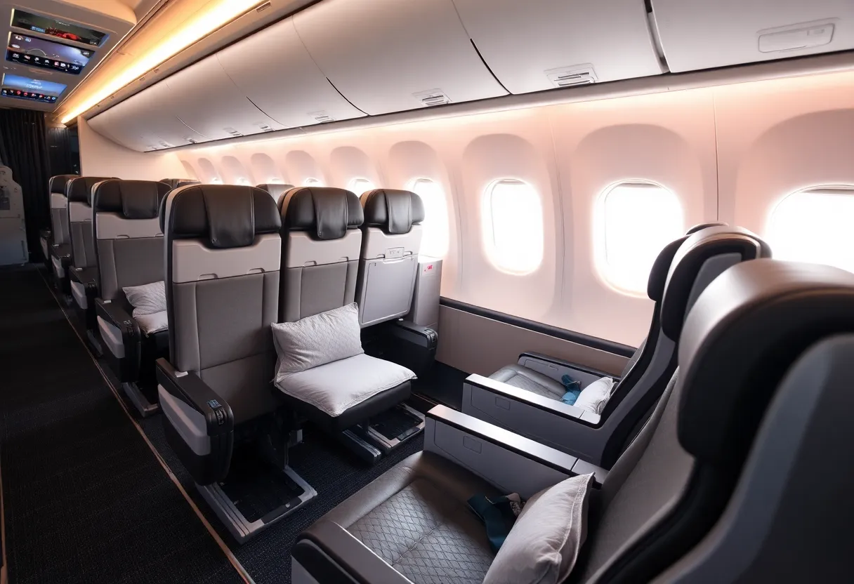 Interior view of Emirates Premium Economy Class showcasing spacious seating and modern amenities.