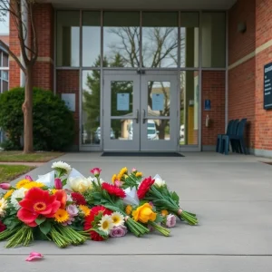 Flowers at school entrance in memory of Ericka Lucas