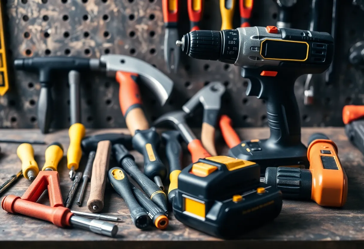 A variety of essential DIY home repair tools on a workbench.