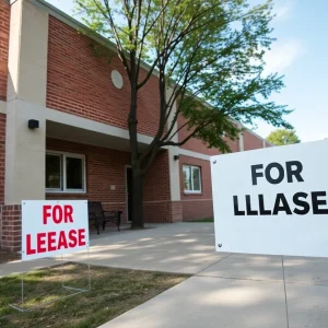 Evanston school building with for lease sign