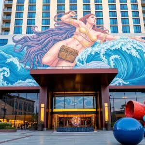 Entrance of Faena Hotel with a large mural