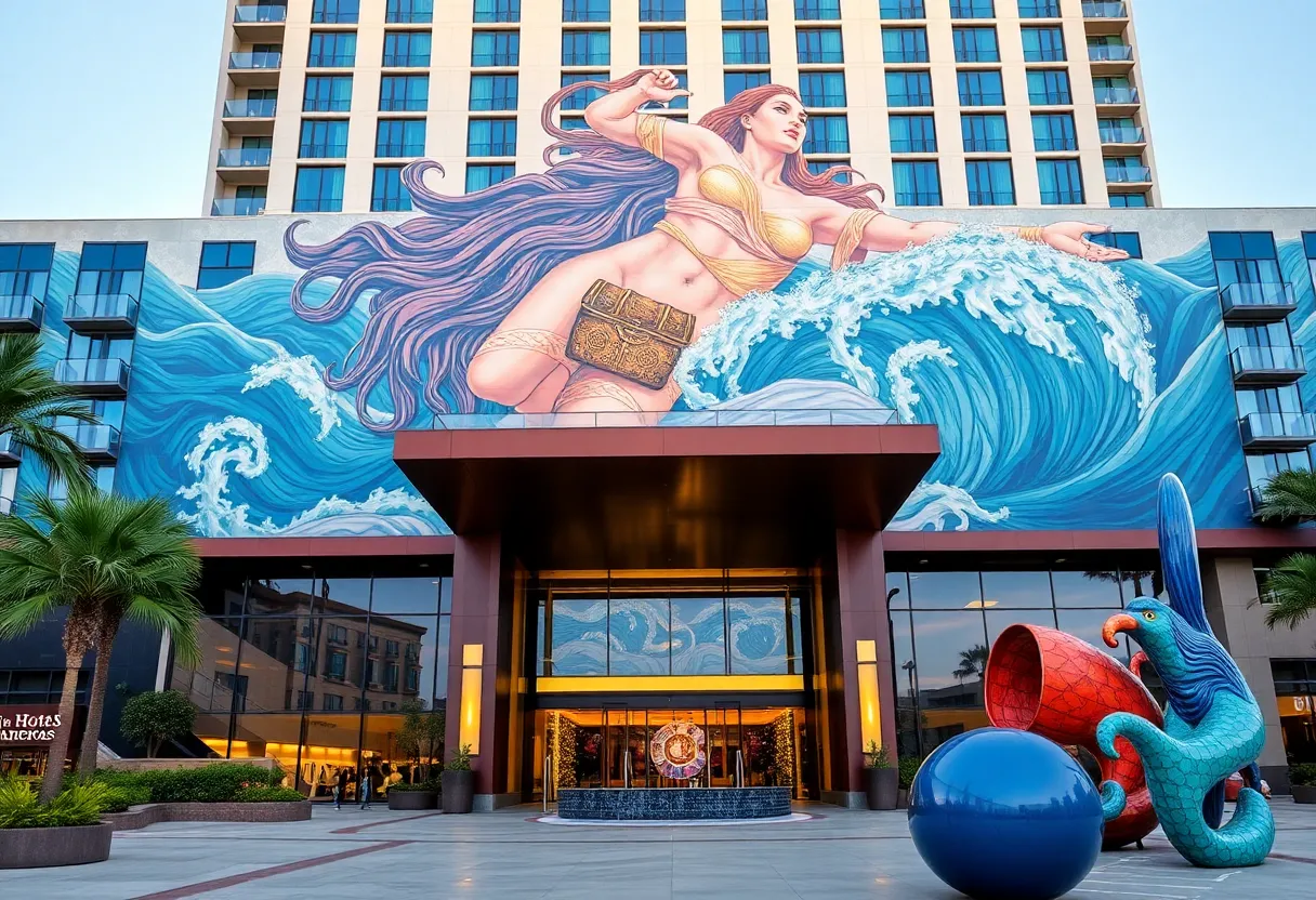 Entrance of Faena Hotel with a large mural