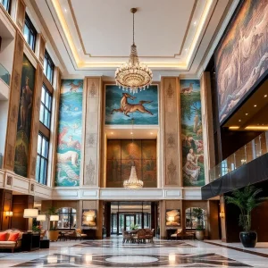 Luxurious lobby of Faena New York hotel with artistic murals