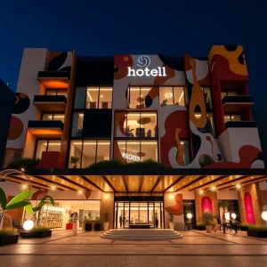 Exterior view of Faena New York, a luxury hotel featuring modern design and art installations.