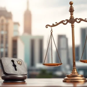 Symbolic representation of law enforcement integrity with broken lock and scales of justice