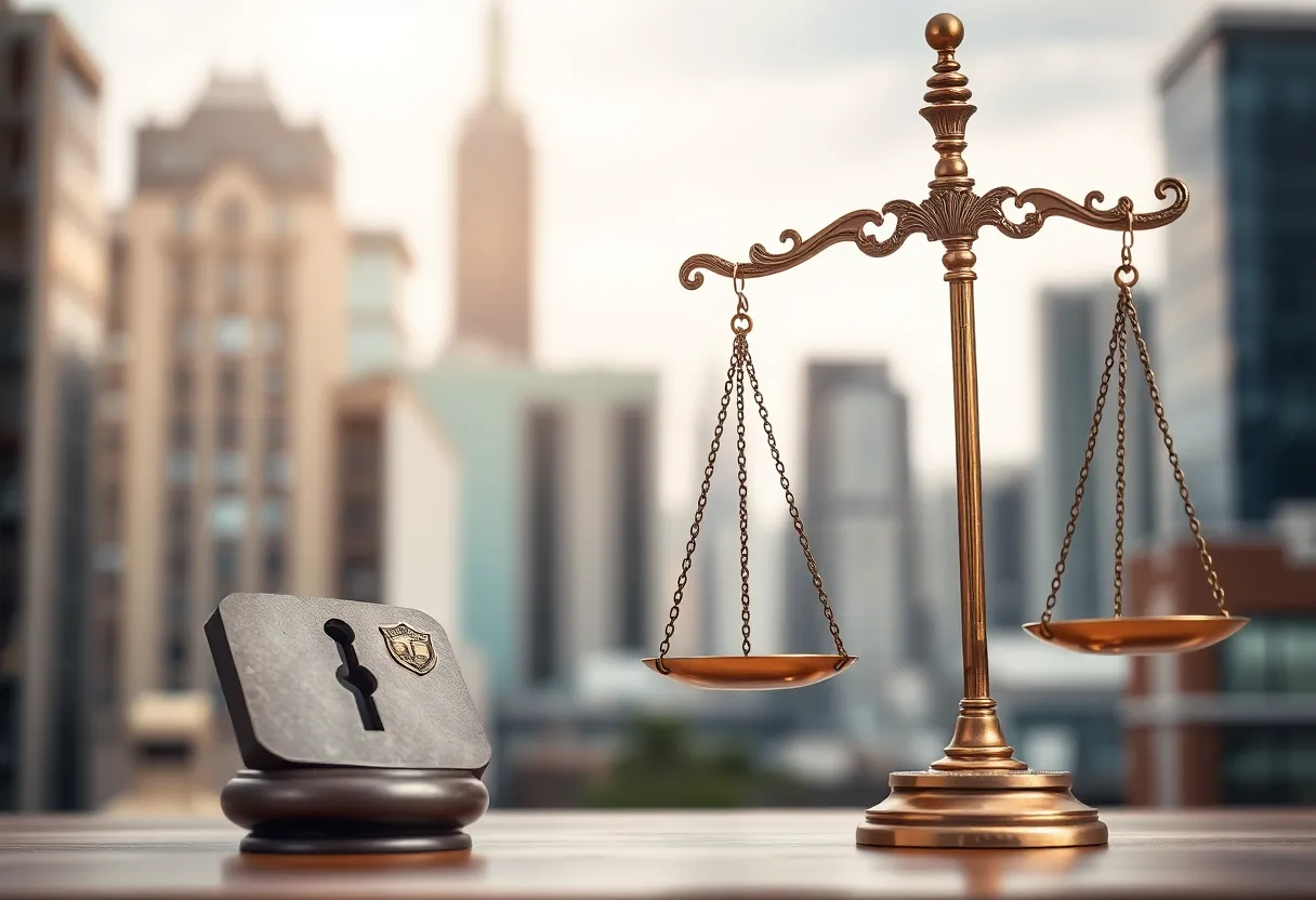 Symbolic representation of law enforcement integrity with broken lock and scales of justice