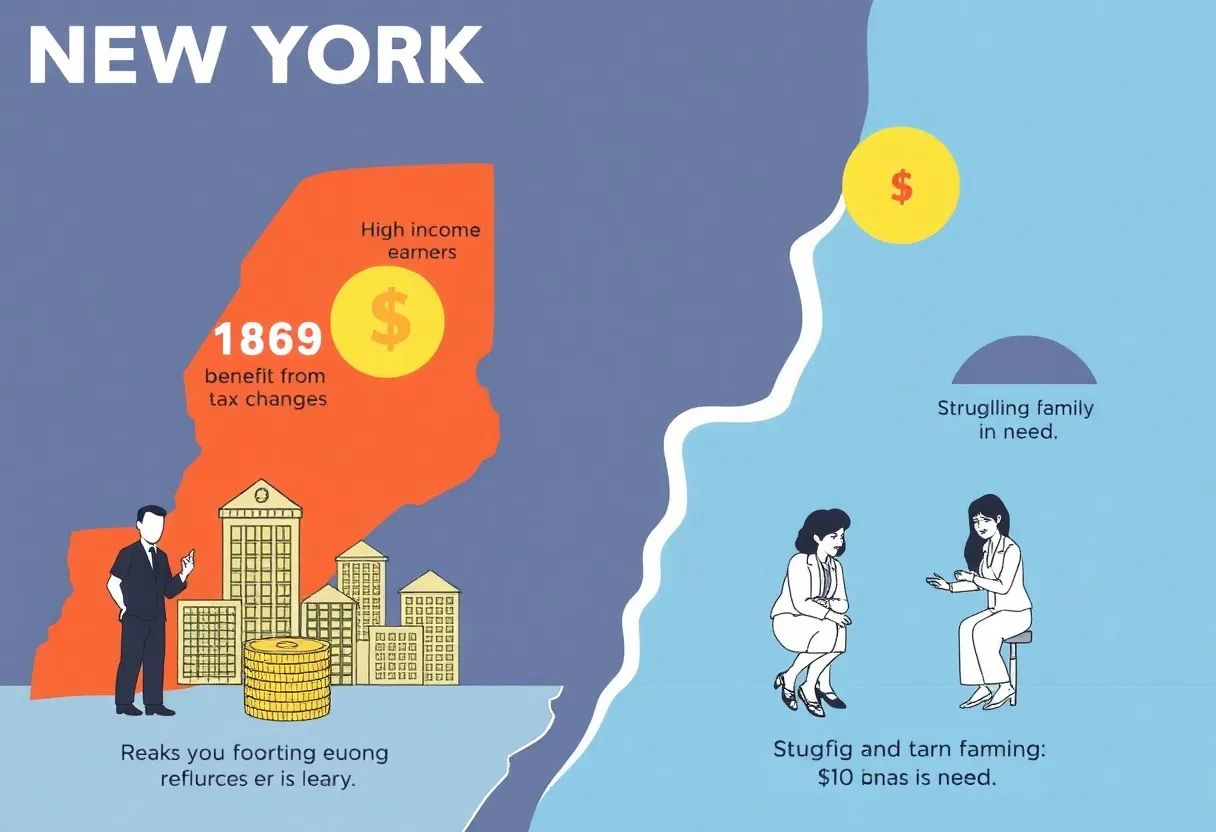 Illustration of financial disparity in New York with tax changes affecting different income groups.
