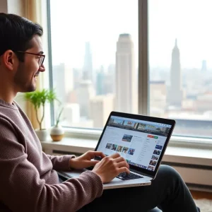 A first-time home buyer looking at property listings on a laptop with the New York skyline visible.