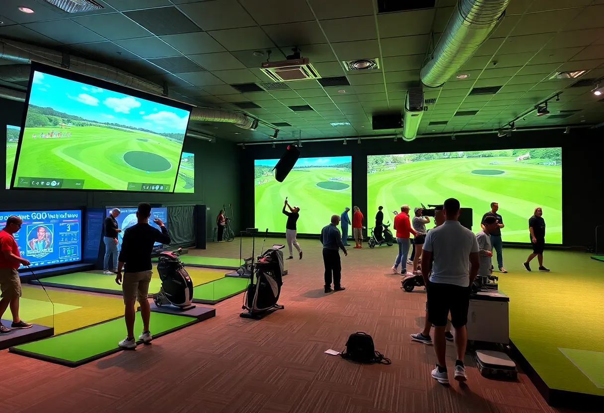 Interior view of Five Iron Golf's new location with simulators