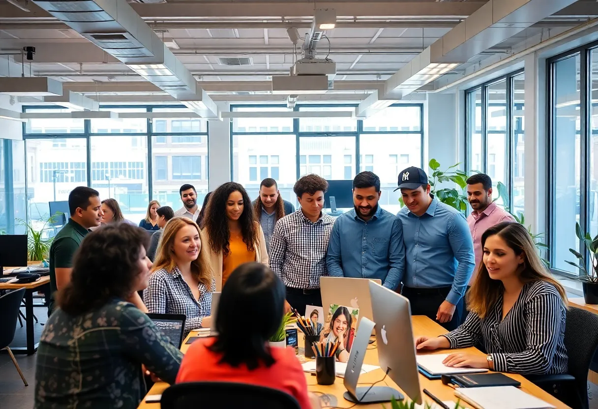 Employees collaborating in Fluent Inc.'s NYC office