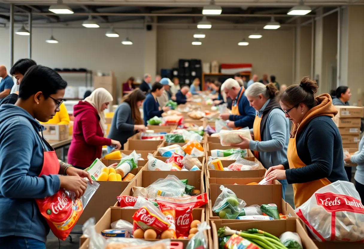 Volunteers sorting food at a community food bank in New York