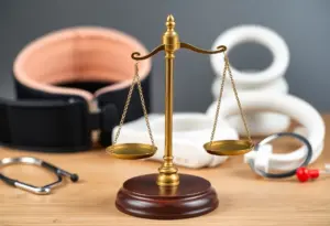 Illustration of legal scales on a gavel with medical supplies, representing a lawsuit against fraud.