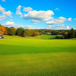 Scenic view of a golf course tee box during a sunny day.