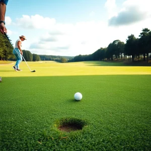 Scenic view of a golf course with players in action.