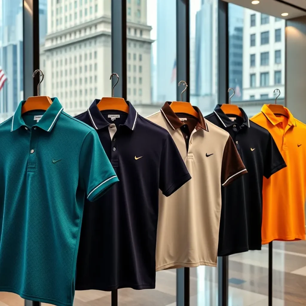 Stylish golf polos in an office setting in New York City