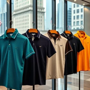 Stylish golf polos in an office setting in New York City