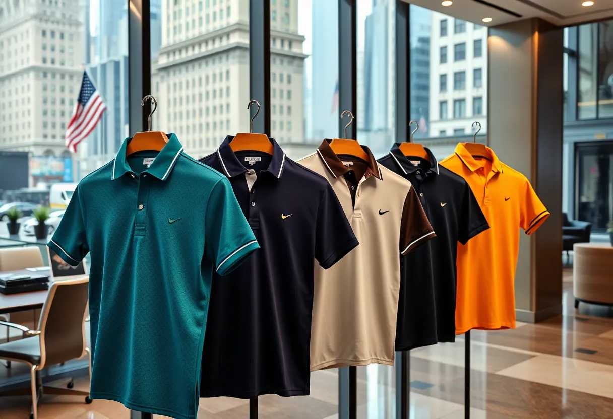 Stylish golf polos in an office setting in New York City