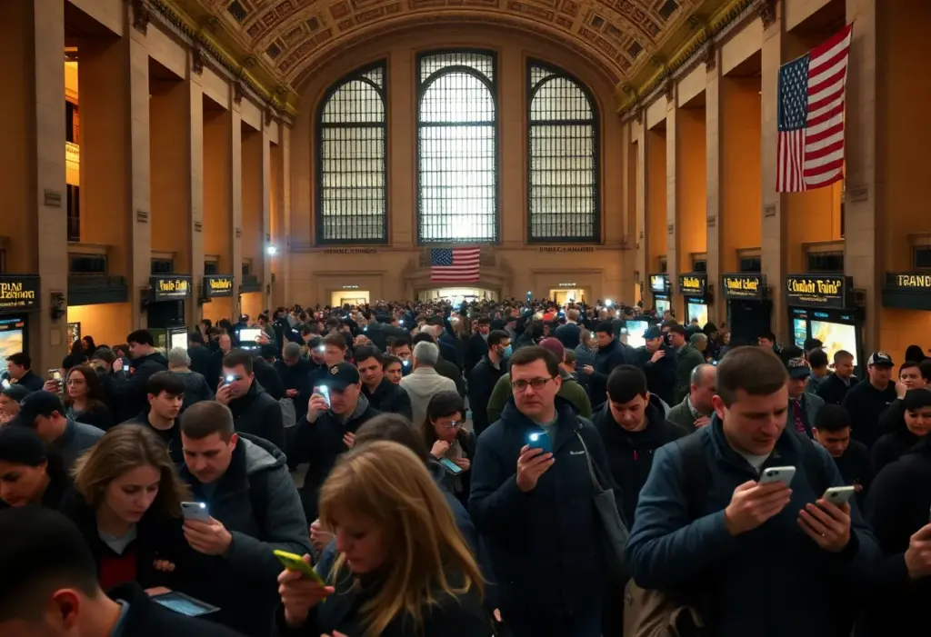 Commuters navigating Grand Central Terminal during a blackout