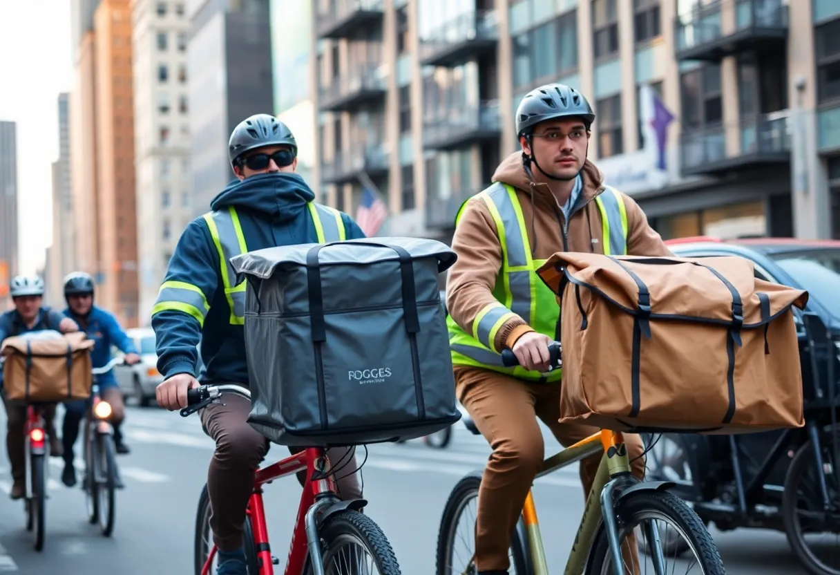 Grocery delivery workers riding bicycles through New York City streets with safety gear.