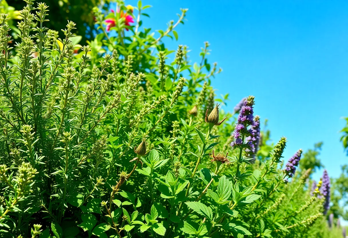 A diverse range of hardy herbs growing in a sunny New York garden.