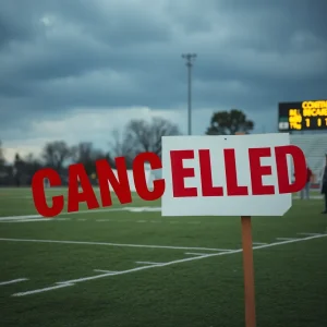 Football field with cancelled game sign