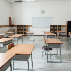 Empty classroom illustrating school closures