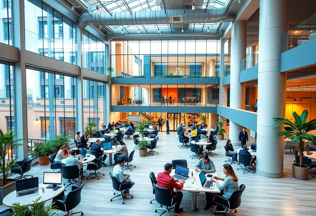 Interior of the INSPYRE Innovation Hub showcasing collaborative workspace.