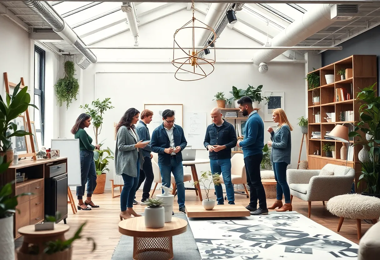 Diverse professionals collaborating in a modern design studio