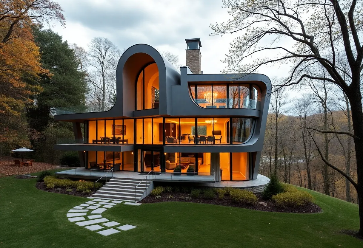 Aerial view of the Mothership home in Hudson Valley, showcasing its unique architecture and surrounding landscape.