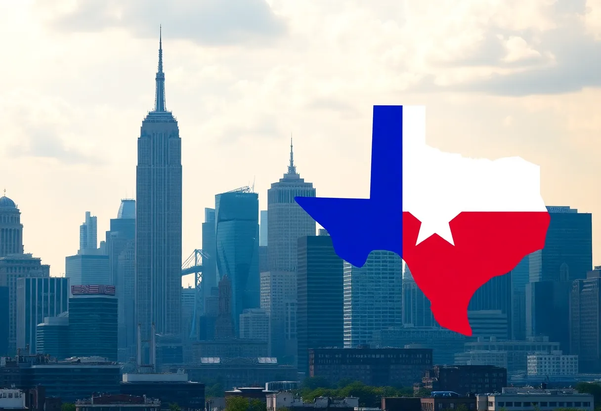 New York City and Texas skyline representing financial job shifts.