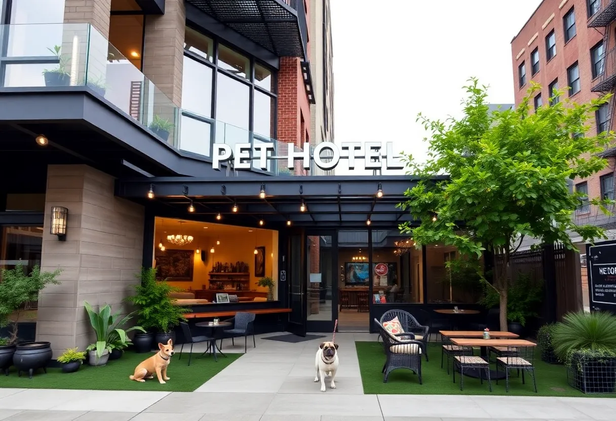Exterior view of K9 Resorts Luxury Pet Hotel with outdoor areas for dogs