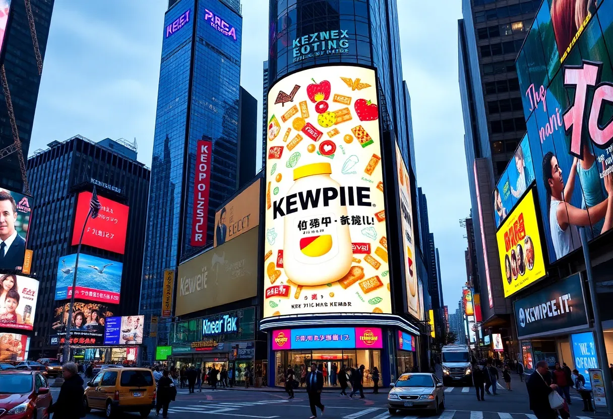 Outdoor advertisement for Kewpie Mayonnaise in Times Square celebrating the brand's 100th anniversary.