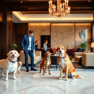 Welcoming hotel lobby at Kimpton Palomar with dogs and owners