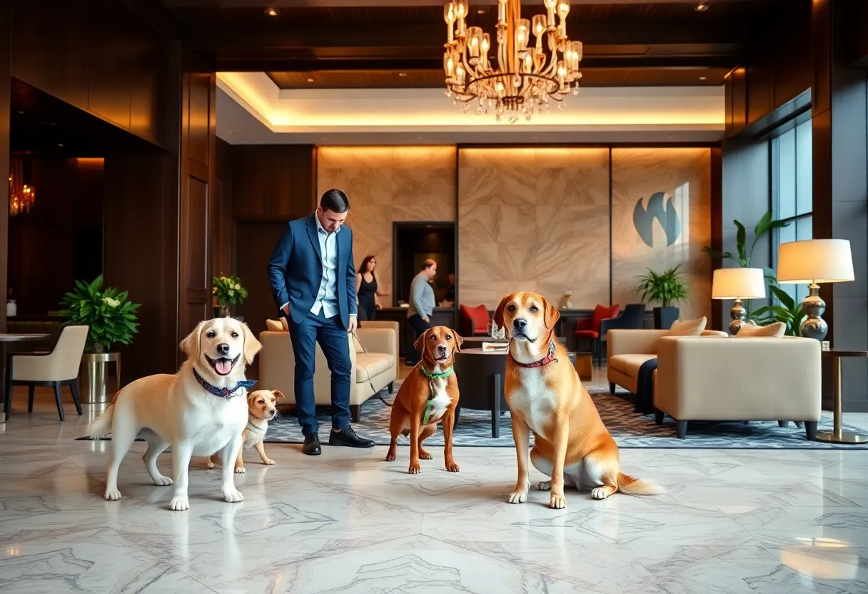 Welcoming hotel lobby at Kimpton Palomar with dogs and owners