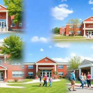 Families and students outside a Kyrene school building, engaged in community discussion.