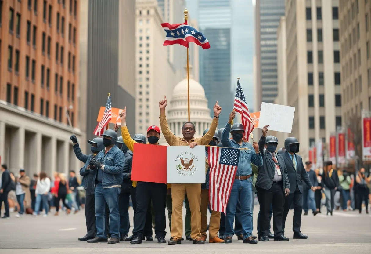 Illustration representing the conflict between state and federal labor rights.