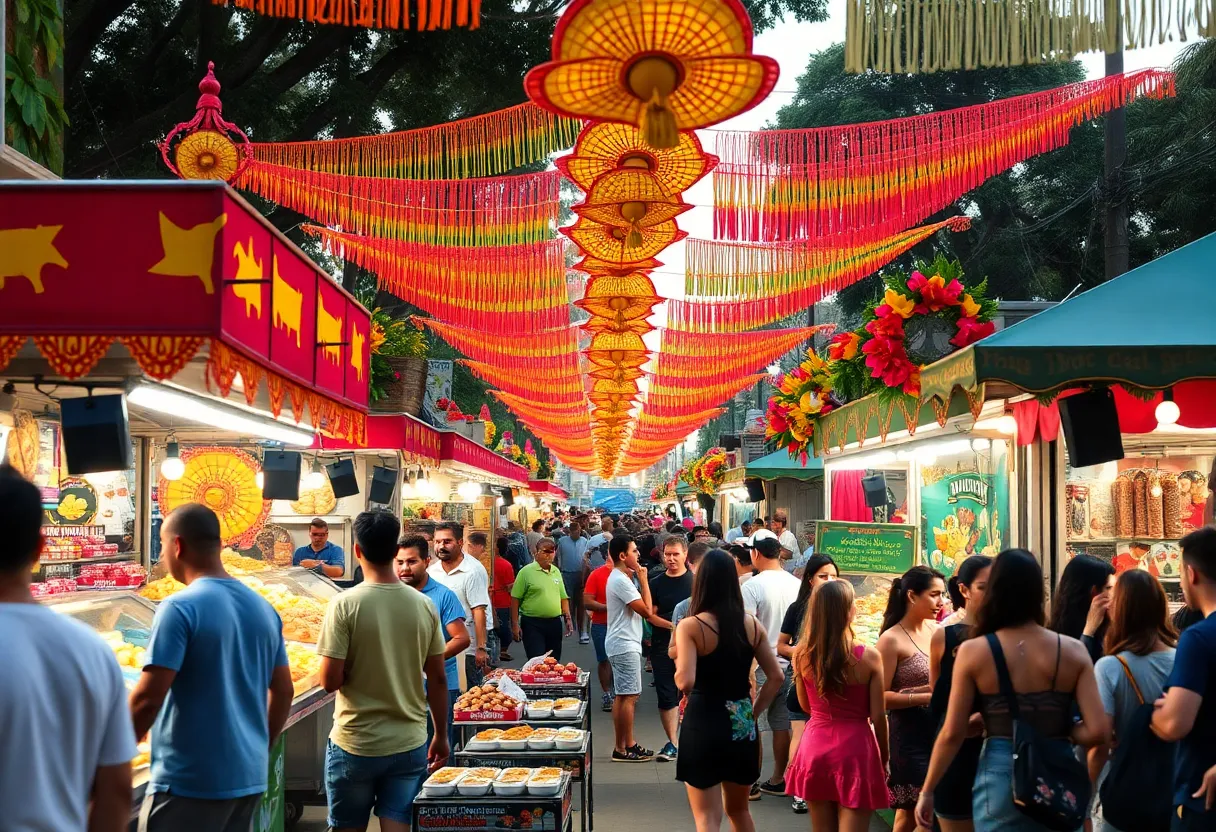 A lively scene from the Latin Food Fest showing food vendors and attendees enjoying cultural activities.