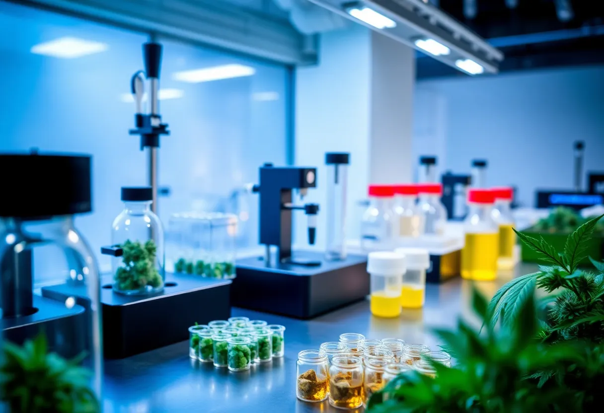A modern cannabis testing lab showing equipment and samples.